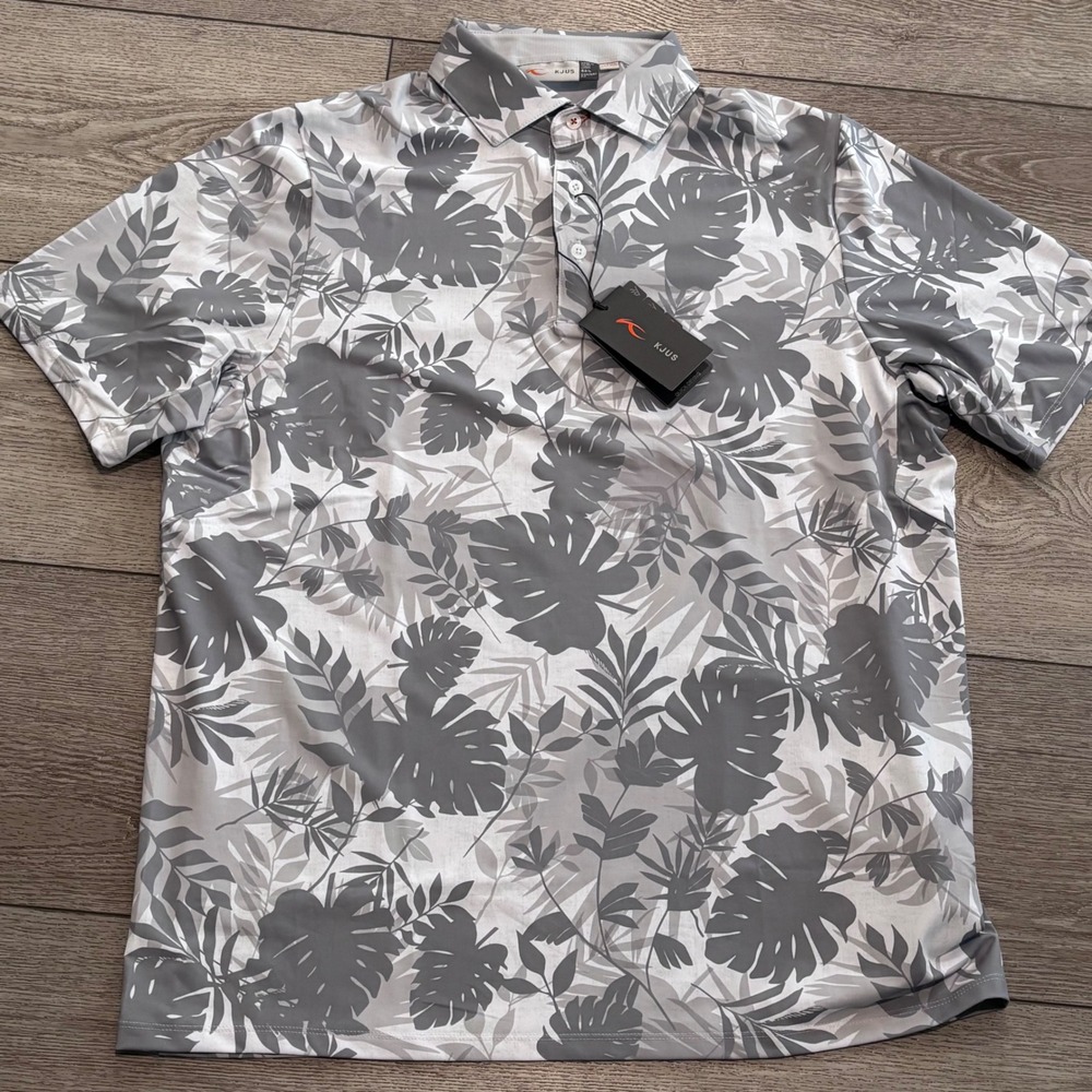 KJUS Men Golfer Polo Mens 52 Large Grey Tropical Leaf Print UPF 50+‎ Preppy New - Picture 2 of 8